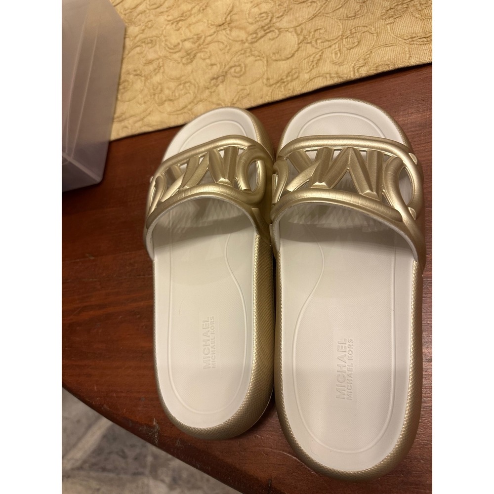 Michael Kors MK Gold White Slide Sandals Womens Size 7M EVA Upper Outsole L022L - Picture 2 of 7